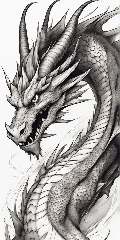 A black and white anime style dragon tattoo design, rich in intricate detailing, takes center stage over a blank canvas. The dragon's powerful form and intense gaze add a captivating aura. Black And White Dragon Tattoo, Dragon Flowers Tattoo, White Dragon Tattoo, Black And White Dragon, Black And White Anime, Mermaid Artwork, Dragon Tattoos, Dragon Illustration, Dragon Tattoo Designs