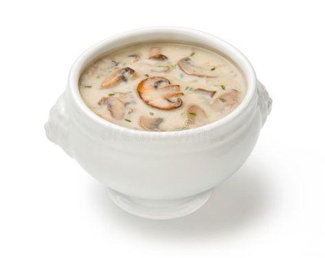 Cream of mushroom soup in a white tureen isolated on a white background stock image Cream Of Mushroom Soup, Cream Of Mushroom, Image Background, Cream Soup, Recipe Images, Mushroom Soup, Creamed Mushrooms, White Porcelain, Garlic