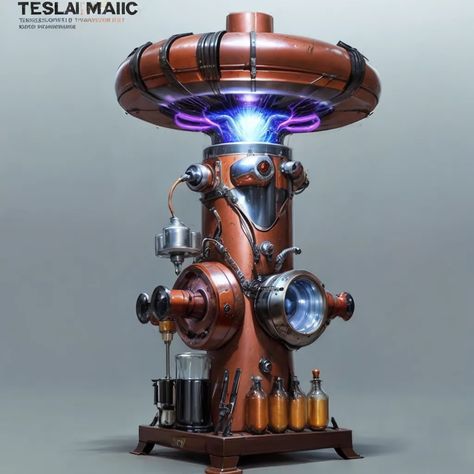 The image is of a steampunk-style Tesla coil. It has a large copper coil at the top, with a smaller coil below it. There are several glass tubes and other objects attached to the coil, and it is surrounded by a metal frame. The coil is giving off a blue electrical glow. Steampunk Electricity, Tesla Coil, Steampunk Style, Image Generator, Steampunk Fashion, Coils, Tesla, Dungeons And Dragons, Metal Frame