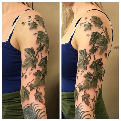 Ivy Sleeve Tattoos For Women, Ivy Hip Tattoo, Vines With Flowers Tattoo, Ivy Tattoo Arm, Ivy Tattoo Sleeve, Ivy Sleeve Tattoo, Ivy Vines Tattoo, Poison Ivy Tattoo Vines, English Ivy Tattoo