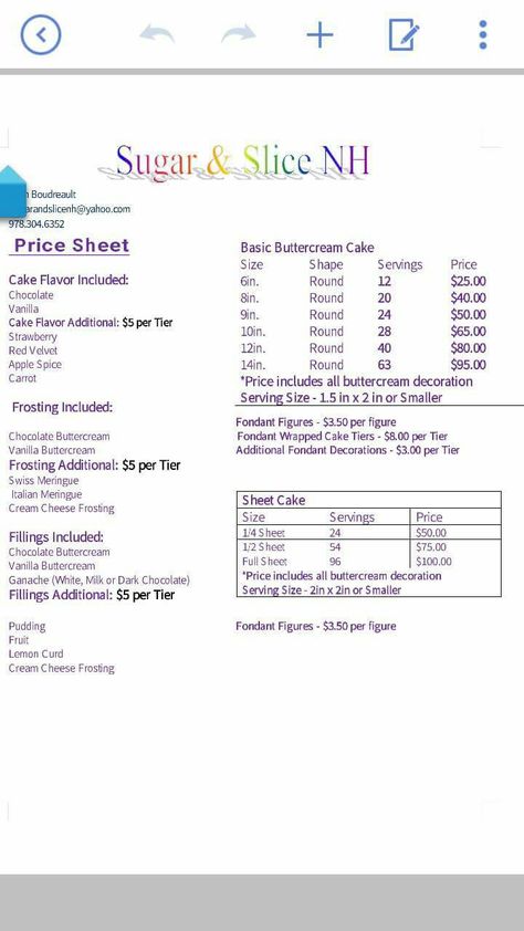 Cake Size Chart And Servings, Sheet Cake Prices Chart, Sheet Cake Pricing Chart, Cake Prices Guide, 6 Inch Cake Pricing, Tiered Cake Pricing Chart, Cake Serving Chart, Ermine Frosting, Home Bakery Business