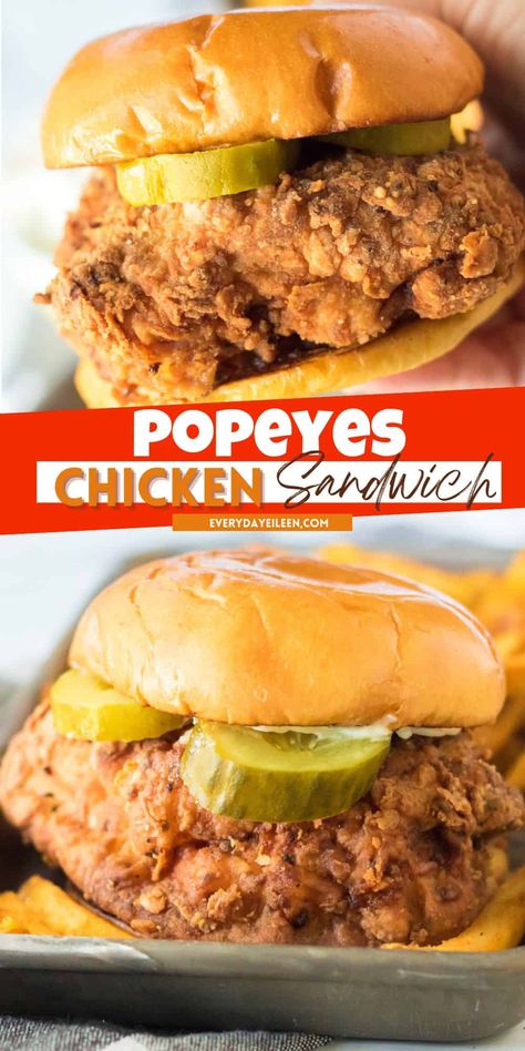 A homemade version of a copycat Popeyes chicken sandwich that has been perfectly seasoned and fried on a brioche bun with pickles. This DIY popeyes chicken recipe is affordable and so much more flavorful and delicious than any store-made version. Great for easy dinners, tailgating, picnics, or anytime you want a fantastic fried chicken sandwich. Popeyes Recipes, Popeyes Chicken Recipe, Copycat Popeyes Chicken Sandwich, Copycat Popeyes Chicken, Kfc Recipes, Homemade Chicken Sandwich, Popeyes Spicy Chicken Recipe, Popeyes Chicken Sandwich Recipe, Cajun Fried Chicken