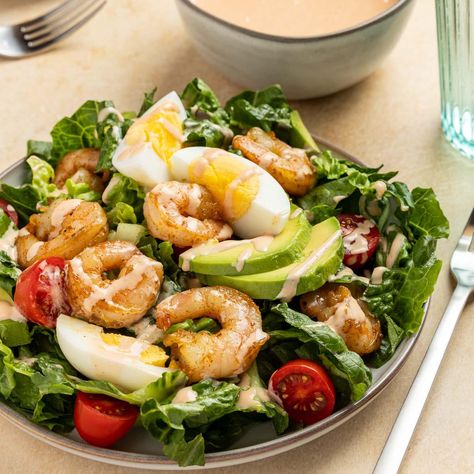 Louie Salad Recipe, Shrimp Louis, Shrimp Louie Salad, Shrimp Louie, Shrimp Eggs, Salmon Croquettes, Romaine Salad, Creamy Dressing, Seafood Seasoning