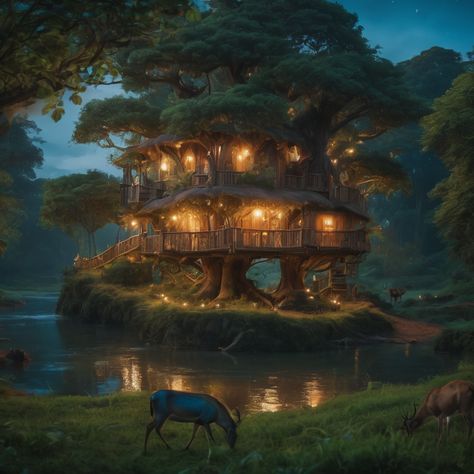 Fantasy Treehouse Art, Big Treehouse, Treehouse Art, Minecraft Treehouses, Treehouse Village, Fantasy Treehouse, Magical Treehouse, Story Settings, Fantasy Backgrounds