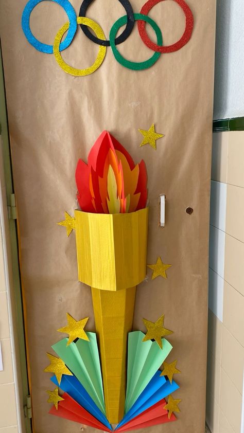 Olympics Door Decor, Olympic Party Decorations Diy, Olympic Float Ideas, Olympic Games Party Decorations, Olympic Theme Classroom Decorations, Olympics Decorations Ideas, Olympic Themed Bulletin Board, Olympic Vbs Decorations, Olympics School Theme