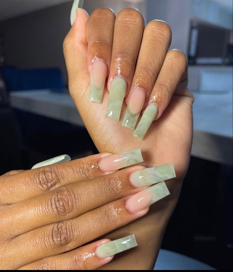 Sage Square Nails, White And Green Acrylic Nails, Natural Square Acrylic Nails, Sage Green Marble Nails, Jade Nails Designs, Sage Nails, Green Toe Nails, Jade Nails, Green Acrylic Nails