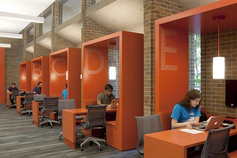 Booths in Active Learning Classroom 136 / Photo by Lara Swimmer | Flickr - Photo Sharing! Library Interior Design, Public Library Design, Library Interior, Library Architecture, School Interior, Interior Design School, Library Furniture, Interior Design Awards, Collaboration Space