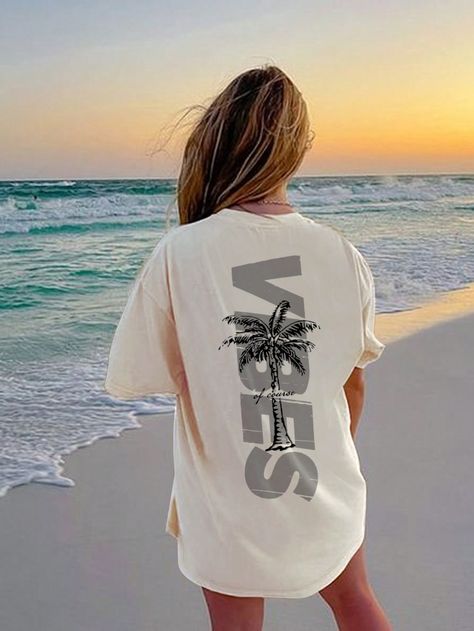 Apricot Casual Collar Short Sleeve Polyester Letter,Tropical  Embellished Non-Stretch Summer Women Clothing Original Fashion, Coconut Tree, Trendy Tee, Black White Pink, Tree Print, Casual Elegance, Jacket Tops, Warm Weather, Effortless Style