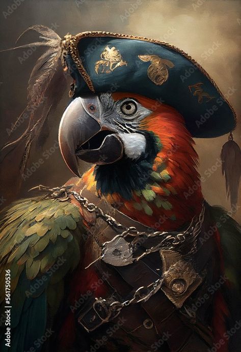 Pirate Bird, Pirate Animals, Pirate Portrait, Parrot Pirate, Pirates Life, Parrot Head, Parrots Art, Pirates Cove, Animal Illustration Art