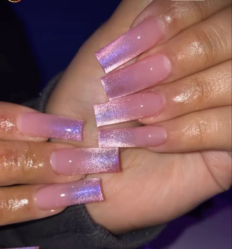 Pink Cat Eye Acrylic Nails, Acrylic Nail Designs Purple, Birthday Pink Nails, Pink Iridescent Nails, Gel Aura Nails, Aura Nails Acrylic, Translucent Pink Nails, Basic Baddie Nails, Acrylic Nails Pink