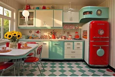 Atomic Age Kitchen, Diner Kitchen Theme, 50s Style House, 1950s Fridge, Retro Home Decor 1950s, Fifties Kitchen, Diner Style Kitchen, Retro Kitchen Ideas, 50s Diner Kitchen