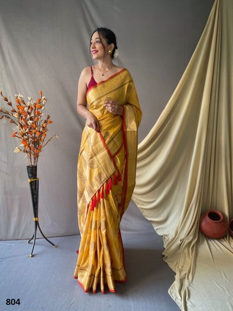 Saree With Gajra Look, Soft Cotton Saree, Saree Drapes, Designer Silk Sarees, Yellow Saree, Linen Saree, Bandhani Saree, Saree Models, Saree Shopping