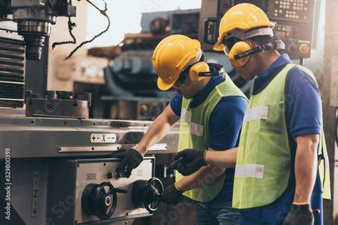 Stock Image: Industry engineer team worker teaching help talking production machine and setting it for work in modern factory. staff operate control heavy machine in factory On The Job Training, Modern Factory, Job Training, Stock Images, Engineering, Train, Stock Photos