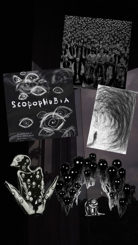 #phobia #scopophobia #scary #creepy Scopophobia Scary, Phobia Artwork, Phobia Drawing Ideas, Scopophobia Aesthetic, Phobia Photography, Phobia Drawing, Tryphobia Pictures, Collage Sketchbook, Amanda Anderson