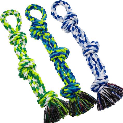 PRICES MAY VARY. Heavy Duty Rope Chew Toy: Value 3 Pack, multicolor with 3 knots, 54cm long, weight 300g for each one, intended for large and medium dogs, the knots of the dog chew rope make it easier to biting,chewing, shaking and tugging Safe and Durable: Dog chew toy set is made of high-quality 100% natural cotton, safe and durable. Tightly woven, wear-resistant, and sturdy construction allowing the dog toy to withstand rough play and aggressive chewing Teeth Cleaning: Rope dog toys can safel Dog Rope Toy, Indestructible Dog Toys, Dog Toys Indestructable, Rope Dog Toys, Rope Dog, How To Make Rope, Dog Chew, Dog Chew Toys, Dog Chews