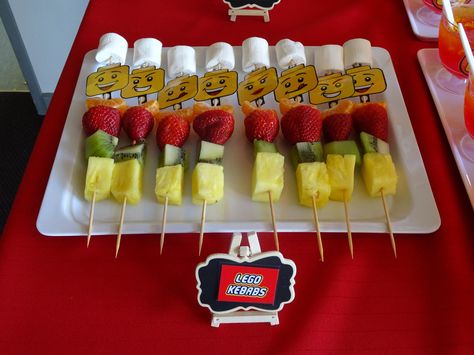 Lego Fruit Kebabs Lego Fruit Tray, Lego Fruit, Lego Theme, Fruit Kebabs, Fruit Sticks, Fruit Skewers, Lego Birthday Party, Lego Man, Lego Birthday