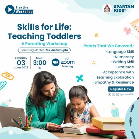 Are you looking for a parenting workshop that will teach you how to teach your toddler life skills? We Will Cover 6 Important 👇Life Skills to Toddler : 🔸 Language Skill 🔸 Numeracy 🔸 Writing Skill 🔸 Gratitude 🔸 Acceptance with Learning Exploration 🔸 Empathy & Resilience Schedule : 🕓 3 June 2023 Saturday 3:00 pm to 5:00 pm Register Now: https://bit.ly/3komD4i #liveworkshop #workshop #tips #tricks #toddlers #life #momlife #toodler #toddlermom #topics #instagram #spartankids #flashcards Important Life Skills, Writing Skill, Parenting Workshop, Kids Workshop, Teaching Toddlers, Primary Education, Toddler Mom, Numeracy, Toddler Life