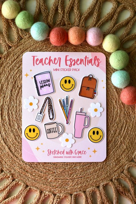 Teacher Essentials Mini Sticker Pack  This cute waterproof stickers are perfect for sticking to your water bottle, laptop, planner, phone case, journals, Etc.  They can be given as a gift to a teacher on the first day or school, teacher appreciation, birthdays, holidays, Etc Item Detail : * Each sticker is approximately 1 inch  * Waterproof * Pack includes 12 stickers * Packaged in a cellophane bag for protection. * Delivered through USPS first class mail.  If you have any questions or concerns Cute Teacher Supplies, Teacher Day Gifts Ideas, Merch Ideas Products, Teachers Day Gift Ideas, Teachers Stickers, Teacher Items, Teacher Essentials, Sticker Packaging, Teacher Accessories