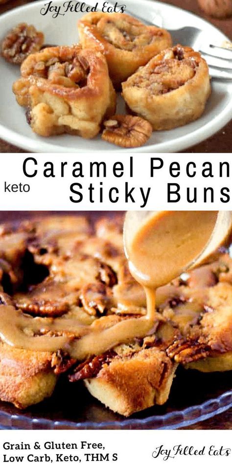 Caramel Pecan Sticky Buns - Low Carb Keto Gluten-Free THM S - These caramel pecan sticky buns are low carb, gluten free, grain free, & sugar-free but no one will ever believe that. They are finger licking good. Keto Sweet Bread, Sweet Bread Recipes, Caramel Pecan Sticky Buns, Pecan Sticky Buns, Joy Filled Eats, Starting Keto Diet, Low Carb Diets, Caramel Pecan, Sticky Buns