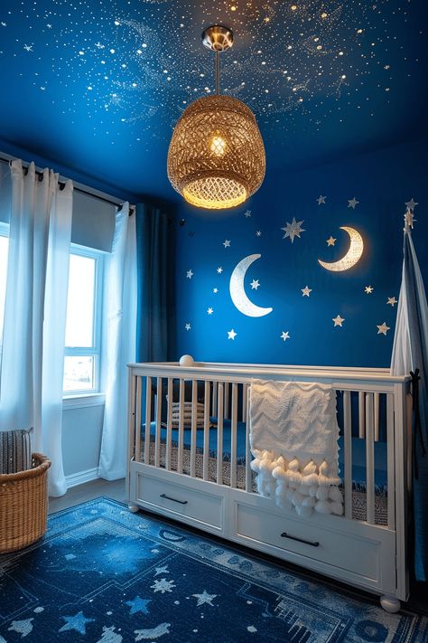 25 Blue Nursery Ideas to Welcome Your Little Boy Blue Star Nursery, Night Sky Nursery Boy, Best Blues For Nursery, The Little Prince Nursery, Blue Nursery Ideas, Nursery 2024, Night Sky Nursery, Prince Nursery, Navy Blue Nursery