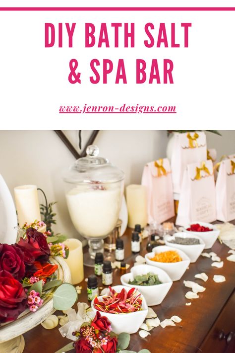 Host A DIY Spa Bar Party JENRON DESIGNS Massage Therapy Party Ideas, Bath Salt Bar Party, Holistic Party Ideas, Spa Bridal Shower Ideas, Diy Herbal Bath Salts, Spa Shower Ideas, Spa Vision, Spa Party Ideas, Spa Bridal Shower