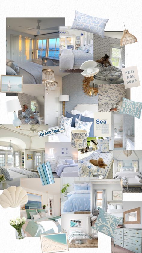 #moodboard #blue #coastal #bedroom Mama Mia Bedroom Ideas, Mama Mia Bedroom Aesthetic, Mama Mia Bedroom, Blue Beachy Room, Coastal Granddaughter Bedroom Decor, Coastal Grand Daughter Aesthetic Bedroom, Beachy Blue Bedroom, Costal Bedroom Idea, Blue And White Bedroom Aesthetic