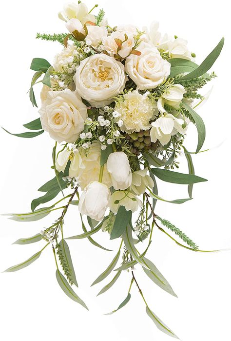 INCLUDING: This Ivory bridal bouquet is made of 9 Austin Roses, 2 white Babylon Roses and one wet-feeling Austin Rose, paired with greenery eucalyptus leaf and Baby’s Breath, carnations, peonies, soft touch Tulip, made a romantic, bridal posy, rustic weddings, festivals, vintage parties, church, snapshot etc. Cascading Bouquet Wedding, Bridal Bouquet Cascading, Fabric Bouquet Wedding, White Greenery Wedding, Wedding Artificial Flowers, Greenery Bridal Bouquet, Ivory Bridal Bouquet, Silk Flower Bridal Bouquet, Artificial Bridal Bouquets