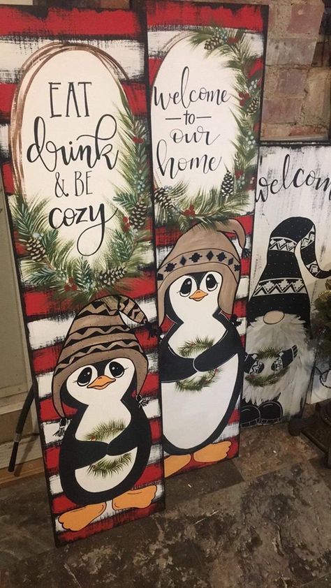 Penguin Porch Sign, Winter Paintings On Wood, Painting On Live Edge Wood, Christmas Porch Sign Ideas, Painted Wood Christmas Decorations, Porch Leaner Sign Christmas, Christmas Porch Signs Wood Diy, Diy Christmas Decorations For Home Decor, Christmas Boards Signs