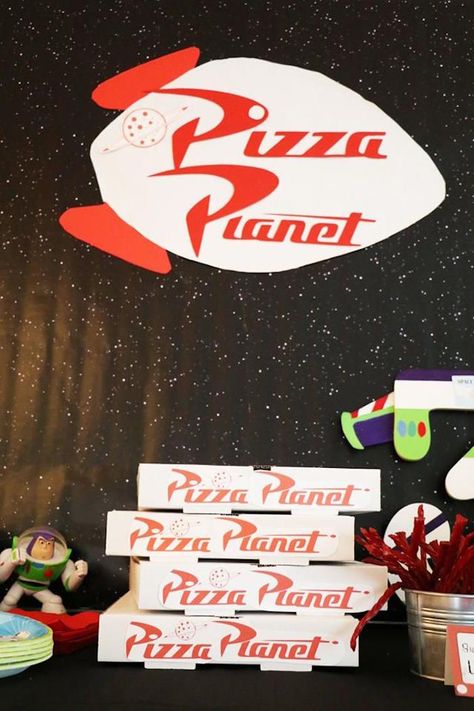 Pizza Planet Party Decorations, Pizza Planet Toy Story Party Ideas, Buzz Light Year Birthday Party Ideas, Toy Story Birthday Party Decorations Diy, Toy Story Pizza Planet Party, Two Story Birthday Party, Pizza Planet Birthday Party, Toy Story Halloween Decorations, Toy Story 5th Birthday Party Ideas