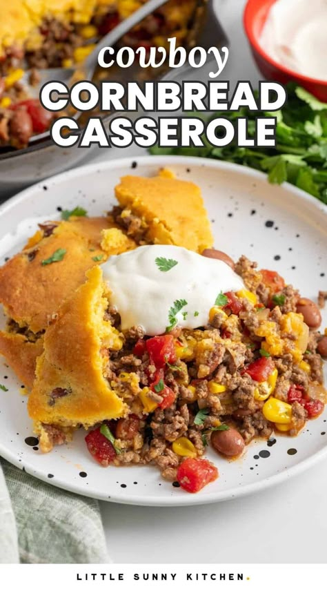 Cowboy Cornbread Casserole is a comforting, filling meal with ground beef and Tex Mex flavors, baked in a cast iron skillet for easy cleanup. Cast Iron Cowboy Casserole, Ground Beef And Cornbread, Cornbread Casseroles, Casserole With Cornbread, Cornbread Taco Bake, Meal With Ground Beef, Cowboy Cornbread Casserole, Taco Cornbread Casserole, Cornbread Dishes