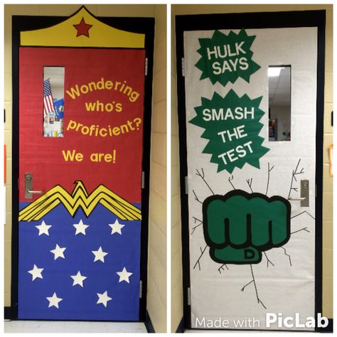 State testing classroom door decorations! Superhero themed! Superhero Classroom Door, Superhero School Theme, Hero Classroom Theme, History Classroom Decorations, Classroom Door Decorations, Superhero School, World History Classroom, Superhero Classroom Theme, Superhero Classroom