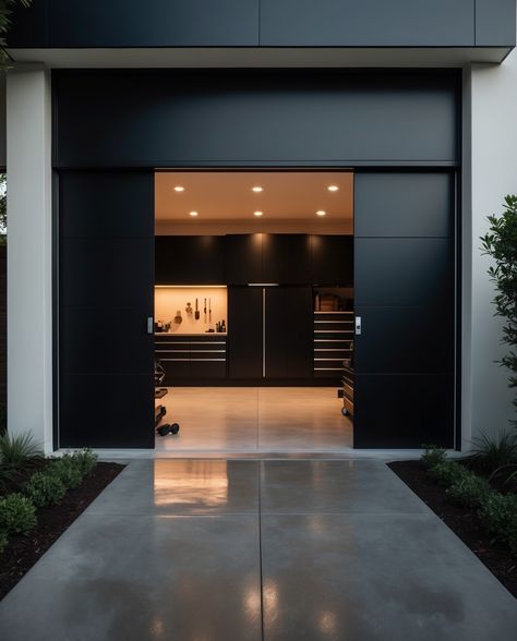 Matte Black Garage 🖤🖤🖤 Black Garage Interior, Black Garage Floor, Micro Studio, Black Garage, Commercial Space Design, Black Lifestyle, Modern Chalet, Studio Cabin, Wood Facade