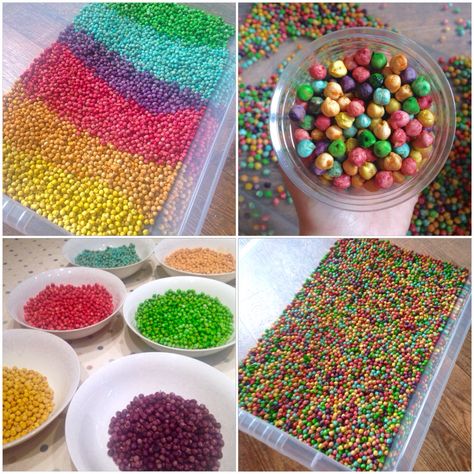 Rainbow sensory chickpeas. Coloured baby sensory. Good coloured chickpeas. Toddler activities. Coloured Chickpeas, Table Provocations, Rainbow Sensory, Dried Chickpeas, Eyfs Ideas, Sensory Tubs, Tuff Spot, Indoor Crafts, Senses Activities