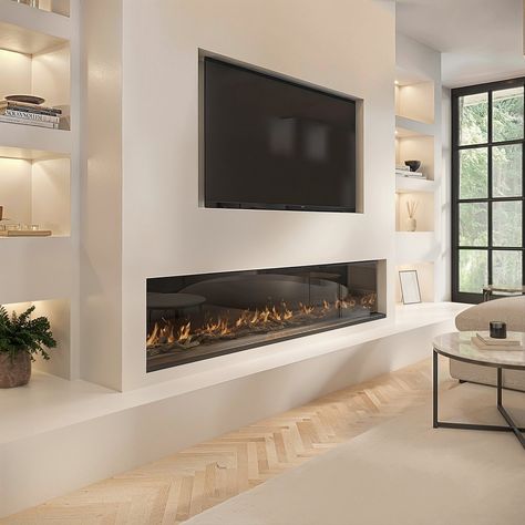 Tv To Right Of Fireplace, Electric Fireplace Media Wall, Entertainment Unit With Fireplace, Electric Fire Media Wall, Media Fireplace Wall, Media Wall Fireplace, Built In Shelves Living Room Fireplace, Indoor Fireplace Ideas, Electric Fireplace Ideas Living Rooms