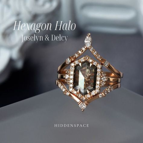 HIDDENSPACE on Instagram: "Are you looking for an engagement ring that stays true to tradition yet offers a unique twist? The Hexagon Halo Ring might be just what you're after. This design embraces tradition while incorporating hexagon fancy cuts and a salt & pepper diamond for a distinctive touch.  𝐃𝐞𝐬𝐢𝐠𝐧𝐞𝐝 𝐟𝐨𝐫 𝐭𝐡𝐞 𝐌𝐨𝐝𝐞𝐫𝐧 𝐌𝐮𝐬𝐞  #hiddenspacejewelry #nontraditionalengagementring #uniqueengagementring #weddingringset #stackingrings #weddingbands #saltandpepperdiamonds #haloring #halo #cincodemayo" Hexagon Halo Ring, Hexagon Halo, Nontraditional Engagement Rings, Salt Pepper Diamond, Unique Makeup, Modern Muse, Pepper Diamond, Modern Art Deco, Ring Ideas