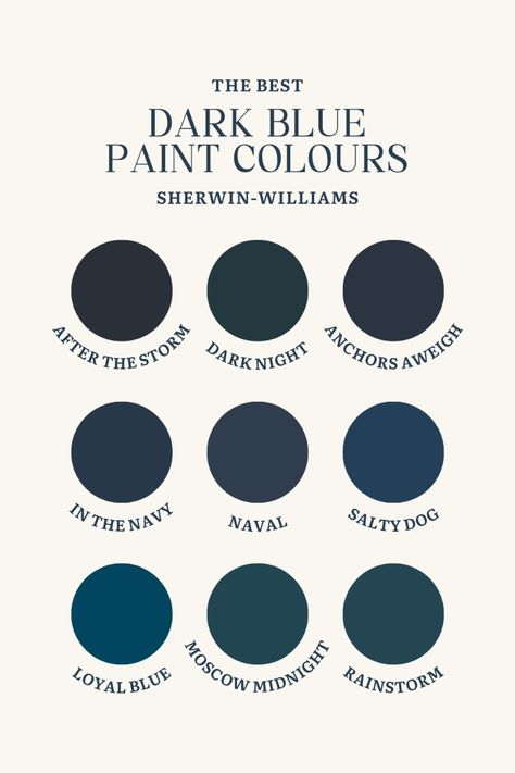 9 Classic Sherwin Williams Dark Blue Paint Colours for a Sophisticated Space Explore the depth and elegance of moody dark blues with my top 9 Sherwin Williams paint colours, including my favourite, Naval. As a True Colour Expert, I love using these rich, sophisticated hues to create cozy and luxurious vibes in living rooms, dining rooms, and accent walls. Transform your home into a stylish retreat with these stunning navy blues. #SherwinWilliams #DarkBlue #MoodyPaint #TrueColourExpert Midnight Blue Sherwin Williams, Benjamin Moore Moody Blue, Dark Blue Room Color, Deep Blue Wall Paint, Dark Navy Paint Color Sherwin Williams, Sherwin Williams Midnight Blue, Dark Blue Black Paint Color, Top Paint Colors For 2025, Sw Navy Blue Paint Colors