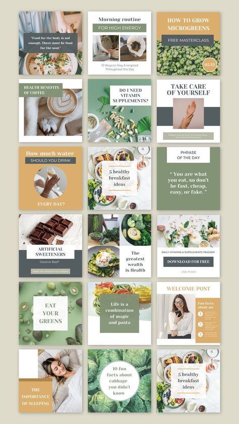 Instagram Templates Free Nutrition Posts For Instagram, Health And Wellness Instagram Post Ideas, Health Coach Instagram Feed, Instagram Health Posts, Lifestyle Instagram Ideas, Wellness Influencer Aesthetic, Nutritionist Instagram Feed, Nutrition Instagram Feed, Nutrition Instagram Post Ideas