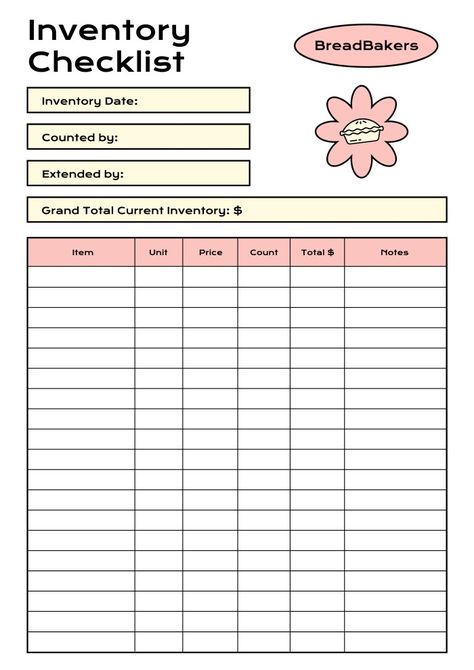 Modern BreadBakers Bakery Inventory Checklist Bakery Inventory Spreadsheet, Inventory Checklist Template, Bakery Planner, Wedding Dj Checklist, Party Planning Printable, Inventory Checklist, Inventory Sheet, Bill Book, Bakery Business Plan