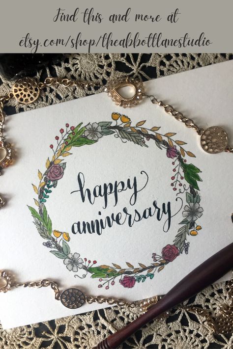 Happy Anniversary! This is a handpainted and handlettered greeting card on watercolor paper. Gold watercolor accents shimmer and shine. #calligraphyinspiration #calligraphy #goldwatercolor #greetingcard #happyanniversary #anniversarycard #calligraphycard #moderncalligraphy #etsyseller Happy Anniversary Fonts Hand Lettering, Happy Anniversary Hand Lettering, Happy Anniversary Fonts, Happy Anniversary Font, Anniversary Cards For Parents Handmade, Anniversary Sketches, Anniversary Card Ideas For Parents, Happy Anniversary Calligraphy, Happy Anniversary Lettering