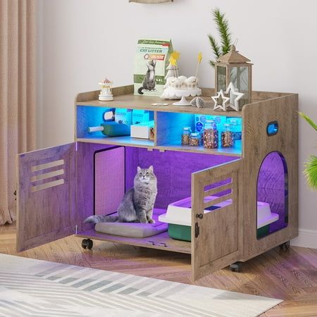 HNEBC Litter Box Enclosures, Litter Box Enclosure Furniture, Hidden Litter Box Furniture, Cat Cage has 2 Open Drawers, Wooden Cat House Size: 31.5"L x 19.7"W x 25.6 inchH.  Color: Brown. Cat Litter Box Diy, Hidden Laundry Rooms, Hiding Cat Litter Box, Diy Litter Box, Hidden Litter Boxes, Wooden Cat House, Cat Litter Box Enclosure, Cat Cage, Cat House Diy