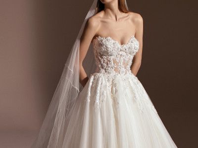 Princess wedding dress with floral appliqués | Pronovias Moonlight Bridal, Pronovias Wedding Dress, Bridal Gallery, Tulle Wedding Gown, Fairy Tale Wedding Dress, Mother Of The Bride Gown, Wedding Abroad, Princess Wedding Dress, Luxury Wedding Dress