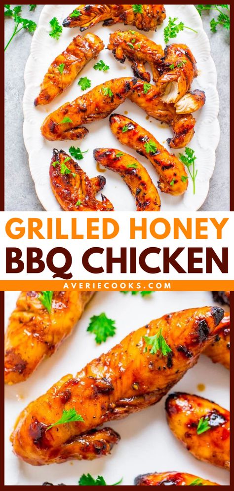 Grilled Honey BBQ Chicken — Full of FLAVOR and a great recipe to jazz up grilled bbq chicken. Ready in 10 minutes, plus there's no cleanup! Bbq Chicken Marinade, Teriyaki Chicken Wings, Chicken Recipes Healthy, Barbecue Chicken Recipe, Grilled Chicken Tenders, Honey Bbq Chicken, Honey Barbecue, Easy Grilling Recipes, Grilled Bbq Chicken