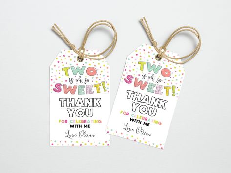 Two Is Oh So Sweet Party Thank You Printable Tags, 2nd Birthday Party Printable, Summer Theme Favor Tags For Kids Party, Editable Template Thank You Printable, Fun Dip, Sweet Party, Summer Theme, Holiday Gift Tags, Party Printable, 6th Birthday Parties, 4th Birthday Parties, Printable Tags