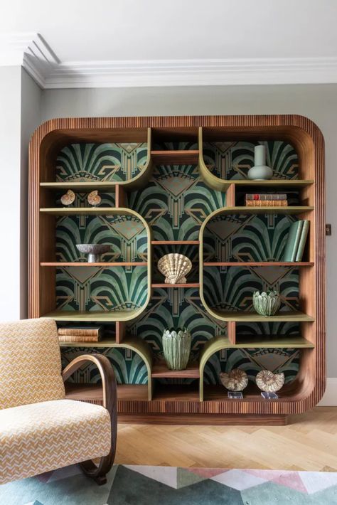 Shelving Design, Art Deco Decor, Deco Decor, Wood Works, Art Deco Home, Interior Modern, Interior Deco, Art Deco Interior, Home Library