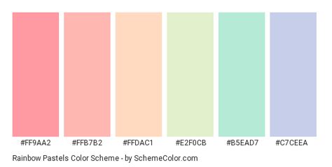 Download Rainbow Pastels color scheme consisting of #FF9AA2, #FFB7B2, #FFDAC1, #E2F0CB, #B5EAD7 and #C7CEEA. This 6 colors palette has been categorised in Orange, Pastel and Pink color categories. Pastel Rainbow Color Pallete, Pastel Orange Colour Palette, Microsoft Color Palette, Colorful Pastel Color Palette, Sherbert Color Palette, Pantone Pastel Palette, 6 Colors Palette, Color Palette 7 Colors, Rainbow Pastel Color Palette