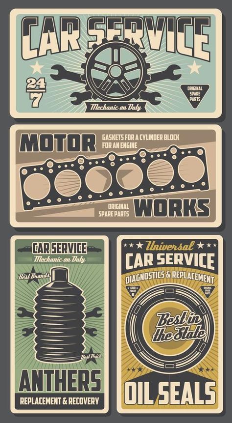 Car repairing service retro posters for garage Mechanic Decorations, Vintage Car Garage, Car Sticker Ideas, Mechanics Logo, Vintage Mechanics, Garage Logo, Logos Vintage, Retro Logo Design, Vintage Logos