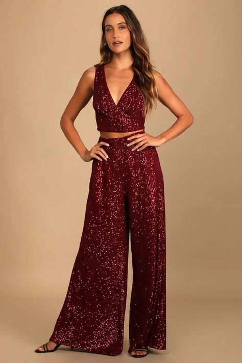 Flawless Sparkle Wine Red Sequin Wide-Leg Pants | Lulus (US) Red Sequin Top, Sequin Pants, Lulu Fashion, V Neck Tank Top, Red Sequin, Red Pants, Matching Pants, Wide Pants, Sequin Top