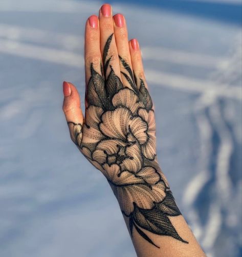 Planet Hand Tattoo, Hand And Wrist Tattoos, Tattoo Styles Types Of, Hand Tattoo Cover Up Ideas, Peony Hand Tattoo, Flower Hand Tattoo, Cuticle Tattoos, Hand Tattoo Cover Up, Hand Palm Tattoos