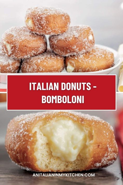 These Italian Donuts better known as a Bomboloni are made with a soft yeast dough, fried, rolled in sugar then filled with your favourite pastry cream filling. Served for breakfast and snack or just about anytime you want. Sour Cream Pastry Dough, Easy Chocolate Donut Recipe, Italian Fried Dough, Bomboloni Recipe, Italian Donuts, Puff Dessert, Deep Fried Recipes, Doughnut Recipe Easy, Pastry Cream Recipe