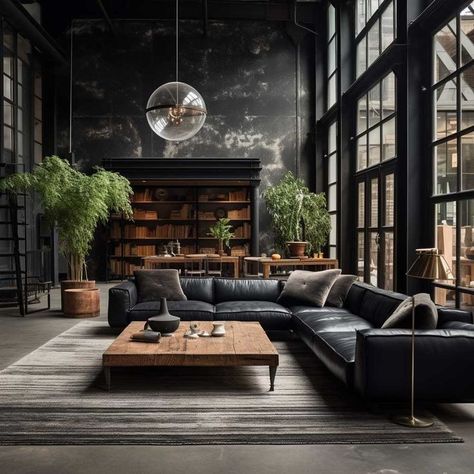 Industrial Moody Living Room, Black Coach Living Room, Black Sofa Living Room Ideas, Concrete House Interior, Leather Couch Living Room Ideas, Black Sofa Living, Black Leather Sofa Living Room, Portuguese Interior, Black Leather Couch Living Room